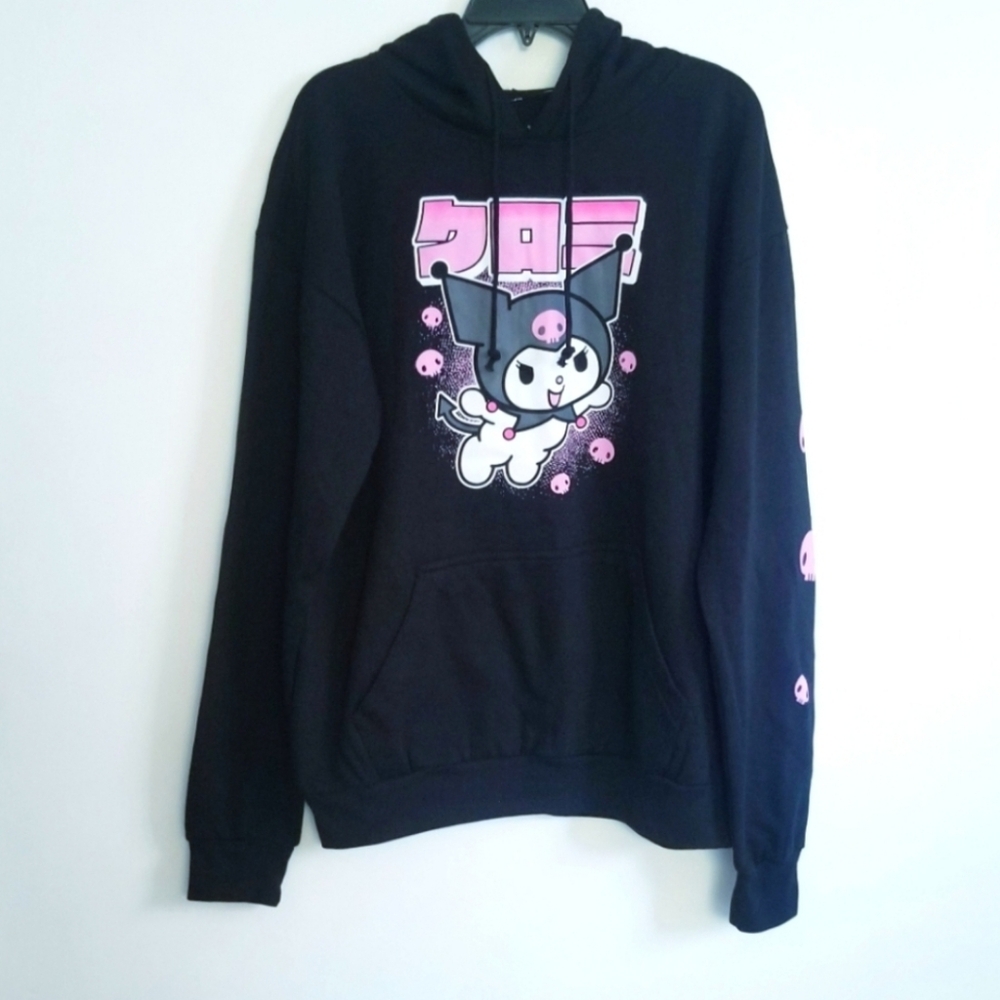 NEW Kuromi Sanrio Skull Graphic Print Hoodie Fleece Lined Black/White/Pink NWOT